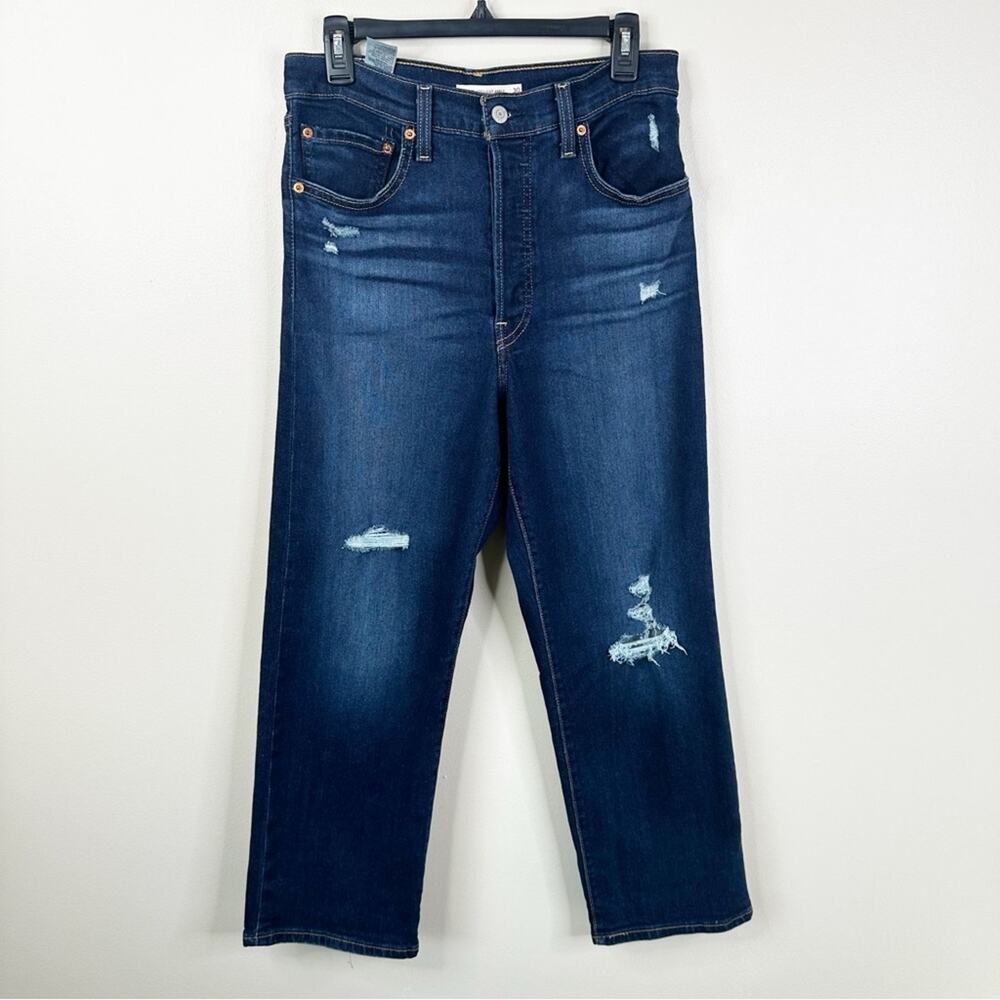 Levi's Jeans Womens 30 Ribcage Straight Ankle Dark Wash Blue Distressed